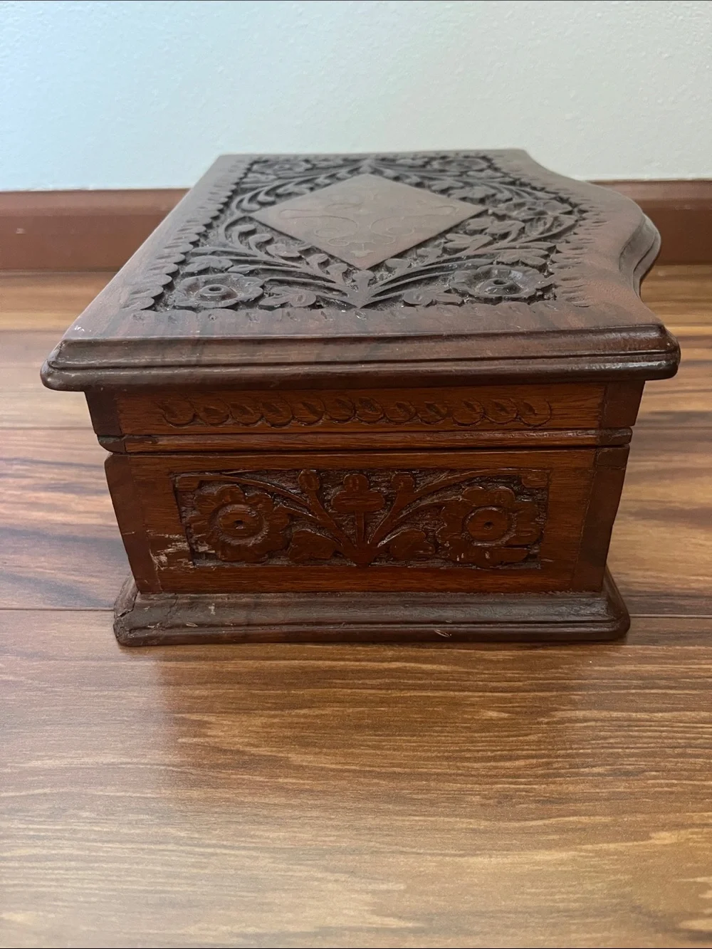 Hand-Carved Decorative Wooden Jewelry Box - Brown